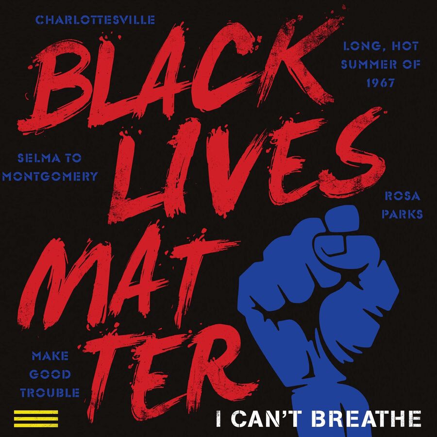 Black lives Matter skrevet med rød farve og en blå knytnæve akkompagneret af I cant breathe skrevet med hvidt