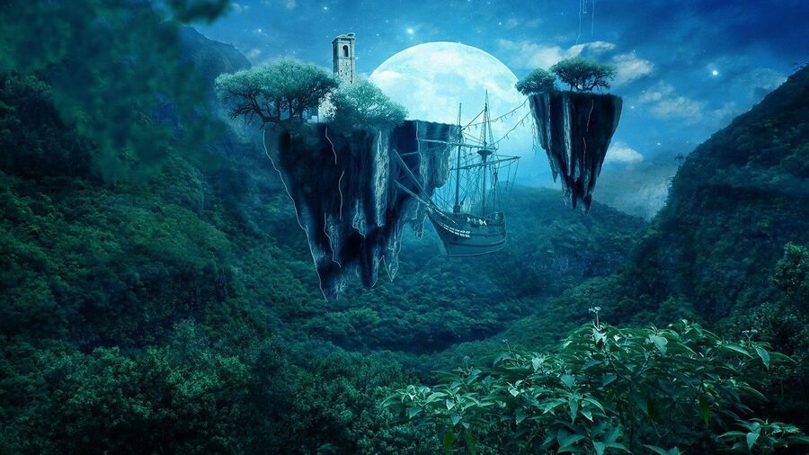 fantasy verden i en jungle med svævende øer i luften og et luftskib
