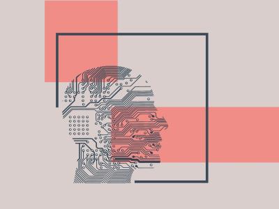 Grafisk illustration af en menneskeprofil med printplade-mønster på en baggrund af farvede felter.
